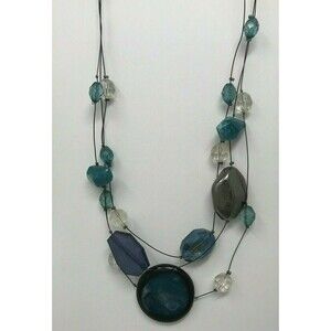 CHICO'S Necklace Floating Blue Clear Silver Tone Beads Multi Strand Layer
